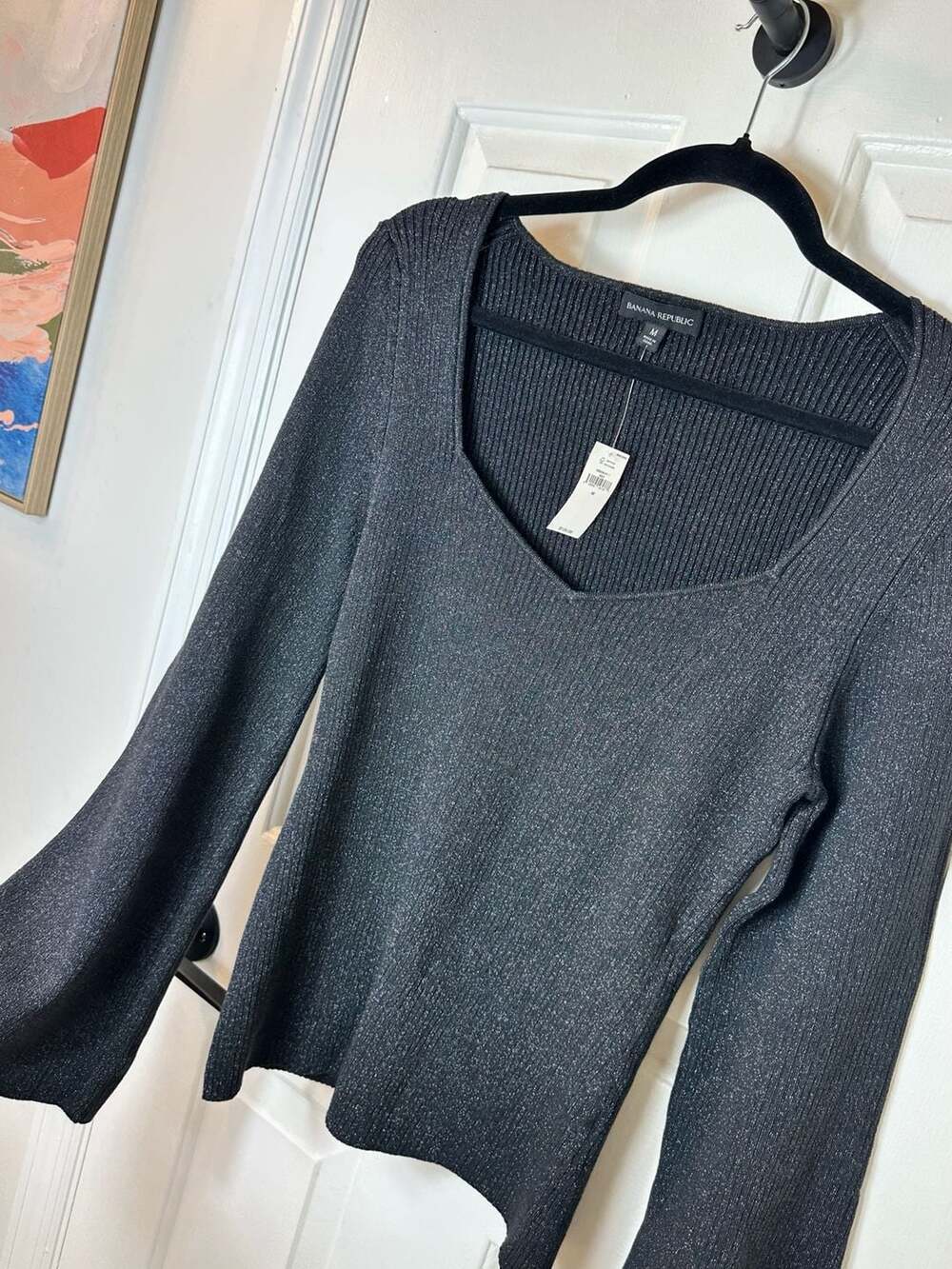 Banana Republic Rib Knit Top Size M Black Metallic Shimmer Bell Sleeve New